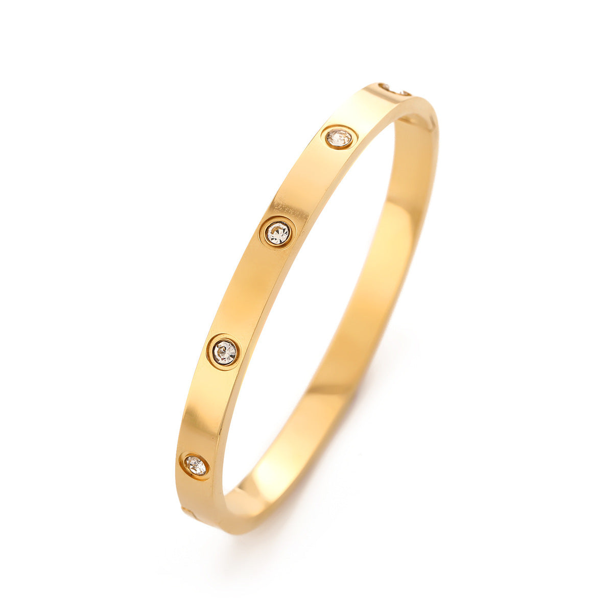 Minimalist Stainless Steel Polished Bracelet with Rhinestone Inlay, Hypoallergenic Fashion Jewelry for Women
