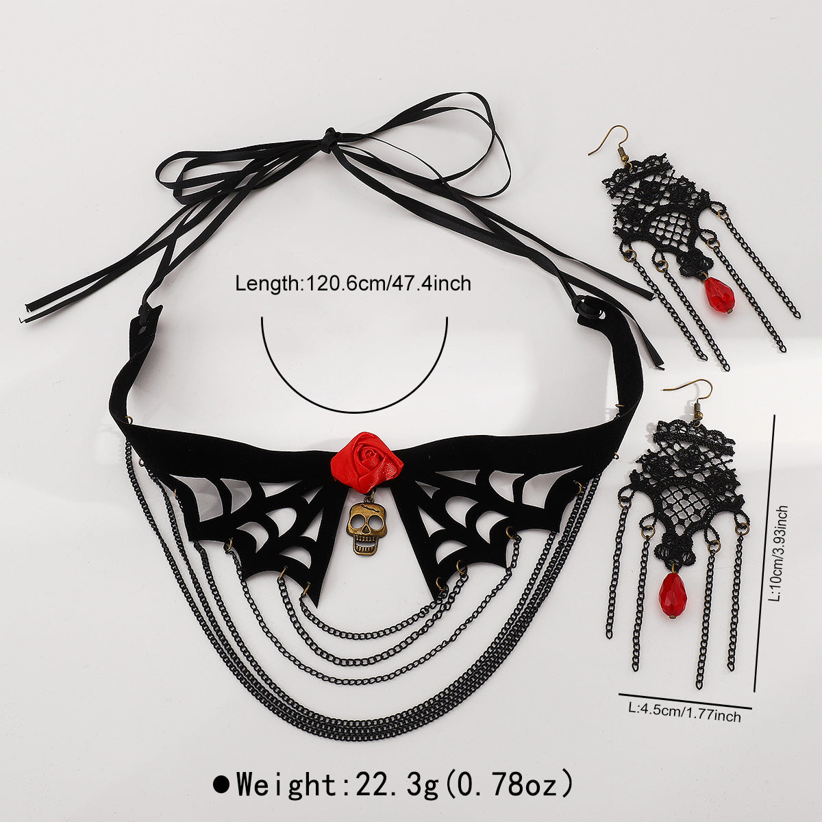 Gothic Halloween Black Multi-Layer Rose Necklace and Earrings Set for Women with Electroplated Iron Pendant and Velvet Accents