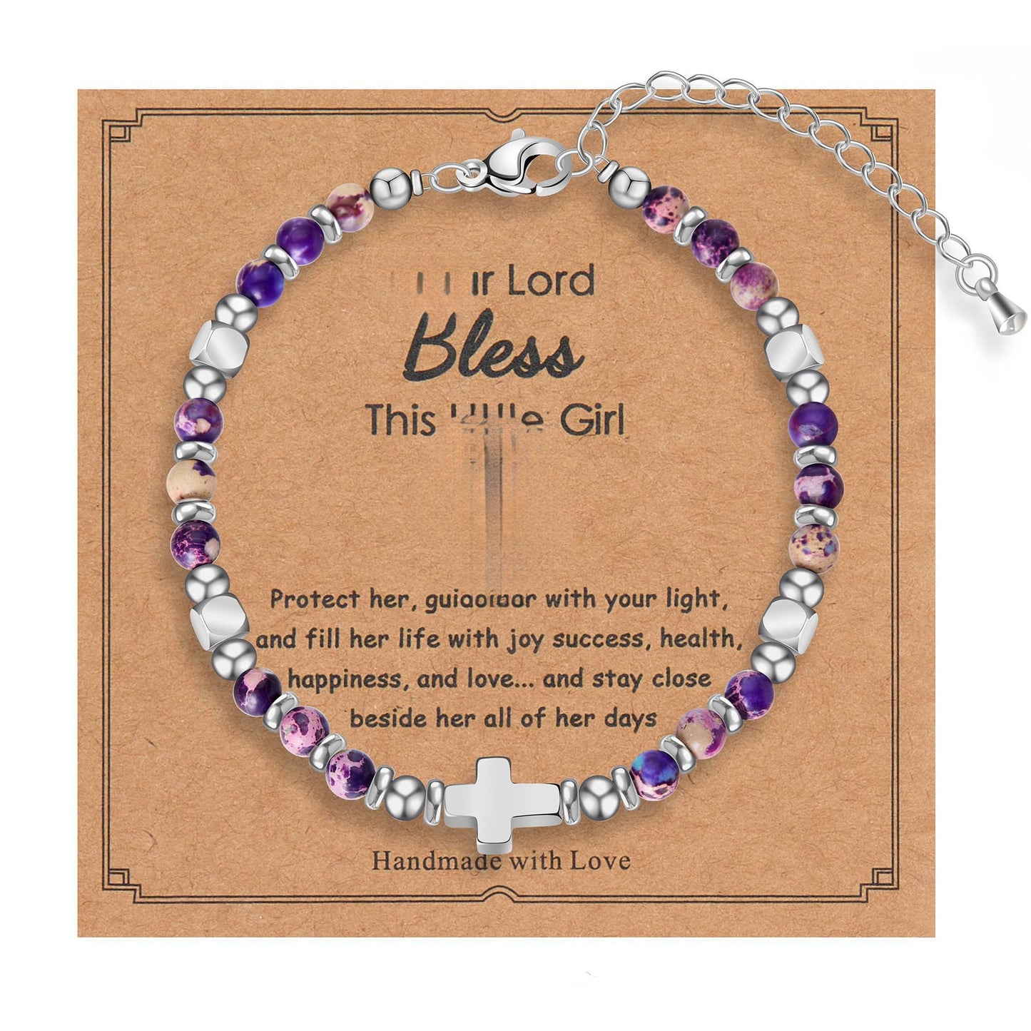 Minimalist Cross Stainless Steel Ball Chain Bracelet with Pink Crystal and Blue Turquoise for Women
