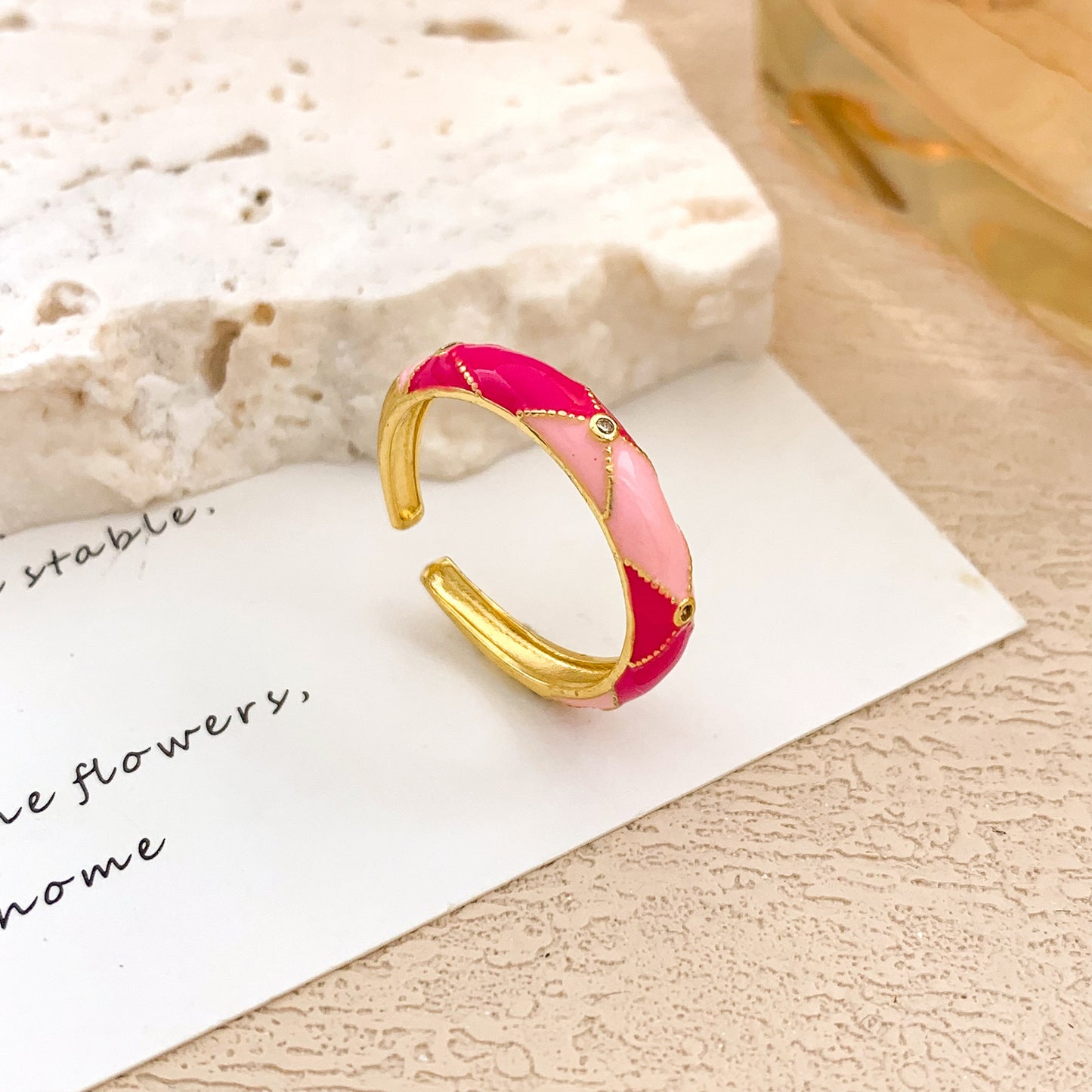 Sweet Geometric Checkered Alloy Drip Oil Plated Adjustable Ring for Women