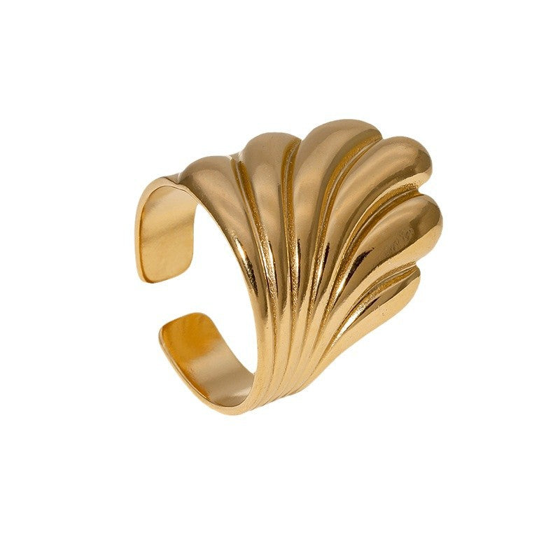 Geometric Minimalist Stainless Steel Ring for Women with Gold Plating, Ocean Wave Pattern, Cool-Tone Retro Fashion Design