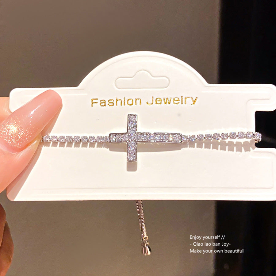 Minimalist Elegant Cross Cubic Zirconia Inlay Brass Bracelet for Women