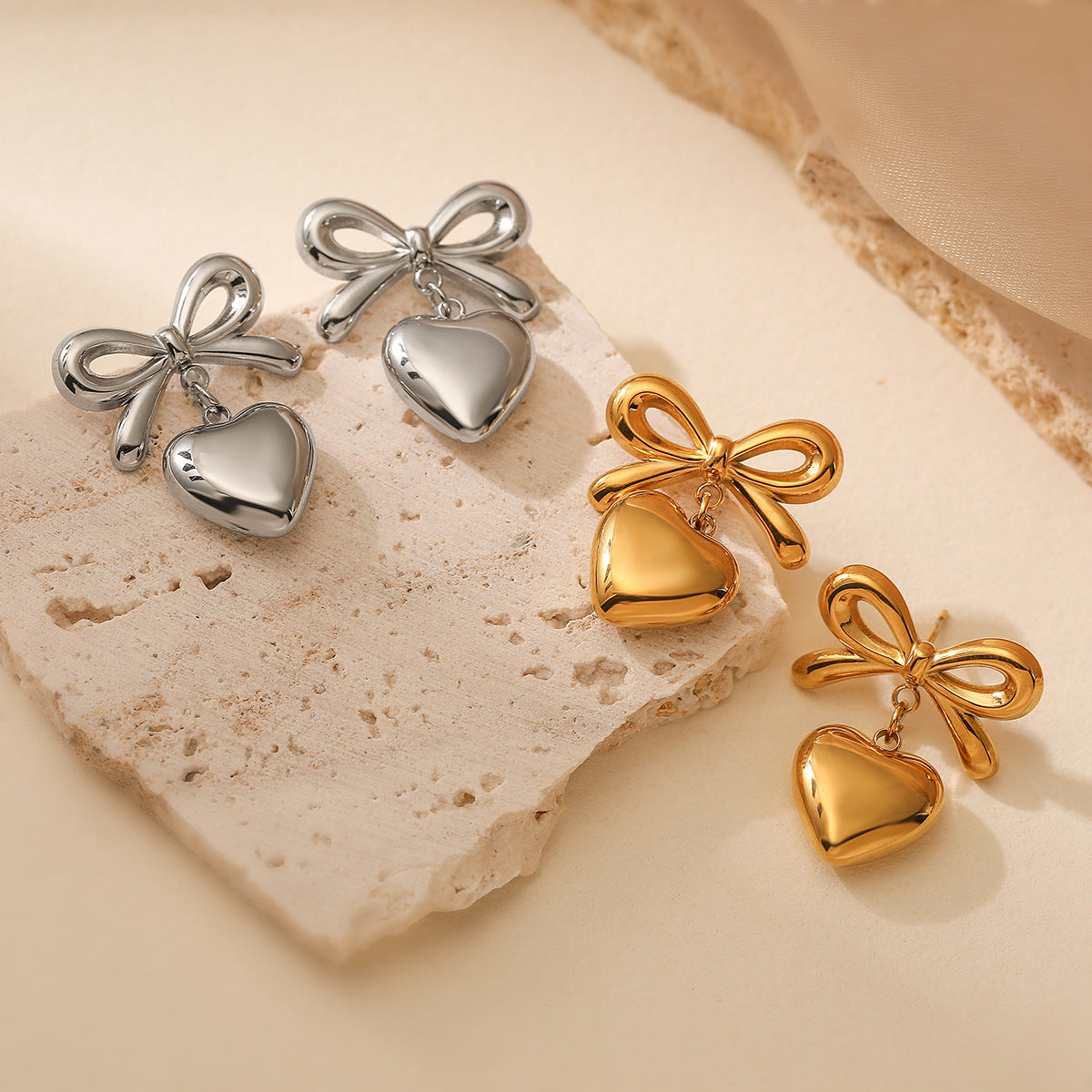 Minimalist Bow and Heart-Shaped Stainless Steel Earrings for Women
