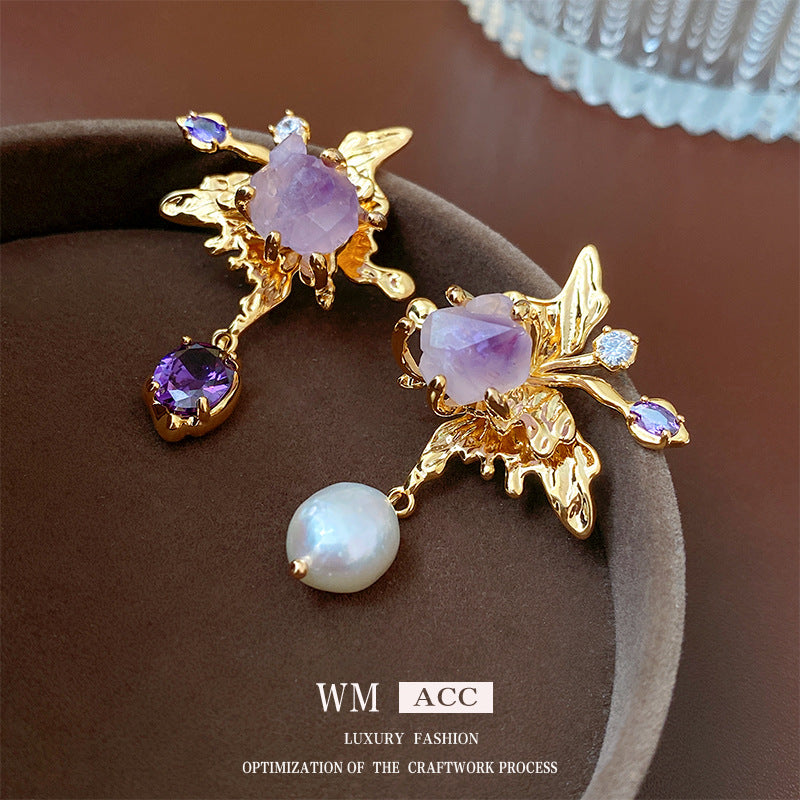 Baroque-Style Asymmetrical Freshwater Pearl and Zircon Butterfly Earrings in Sterling Silver for Women