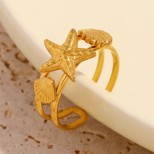 Fashion Star-Shaped Stainless Steel Ring with 18K Gold Plating for Women, Ocean-Inspired Jewelry Featuring Star and Shell Motifs