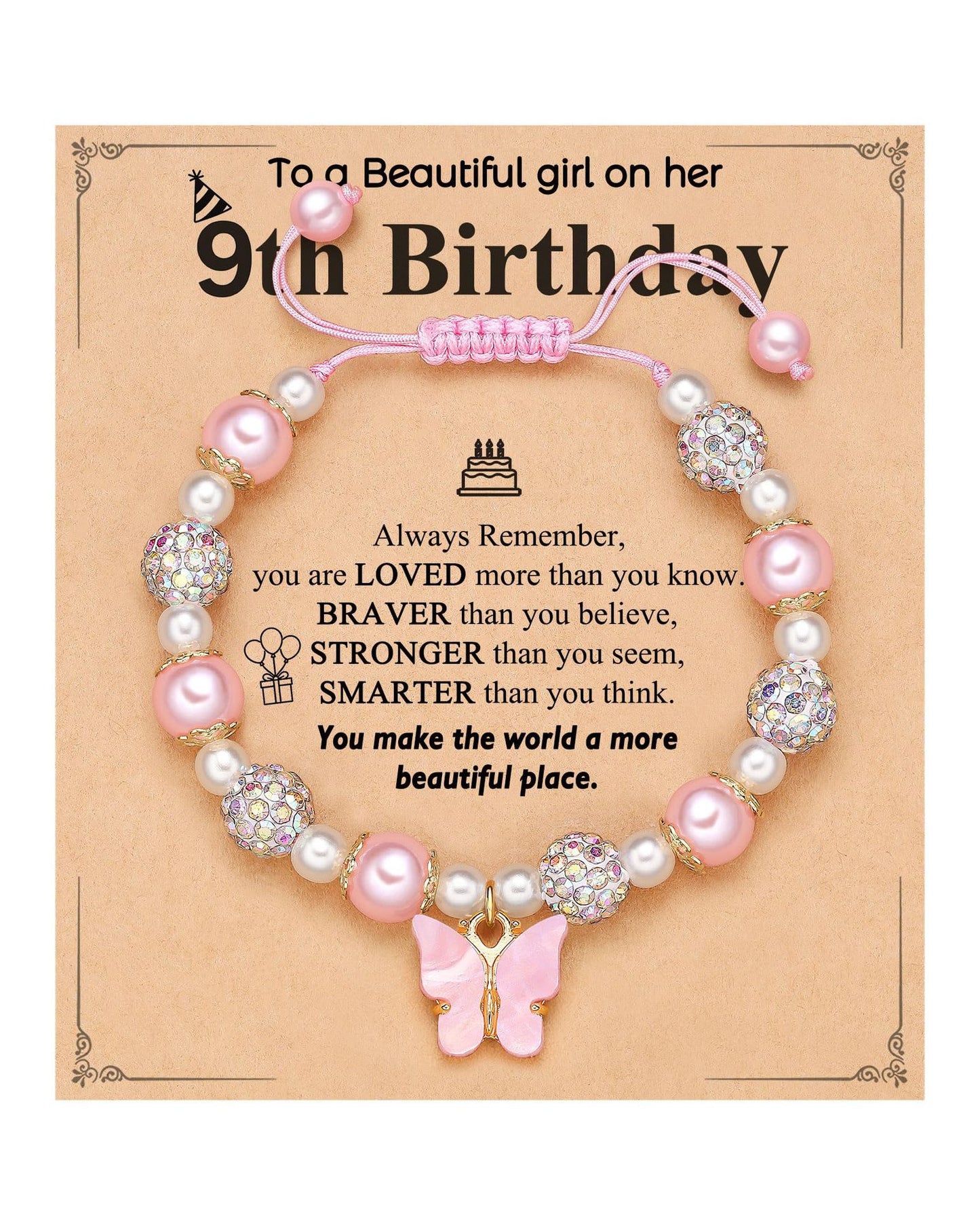 Sweet Pink Acrylic Butterfly Pendant Imitation Pearl Beaded Bracelet for Women