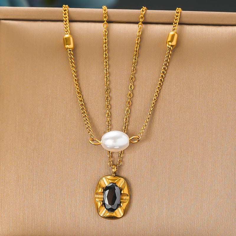 Vintage Elegant Oval Geometric Pearl Gemstone Inlay Stainless Steel Double Layer Necklace
