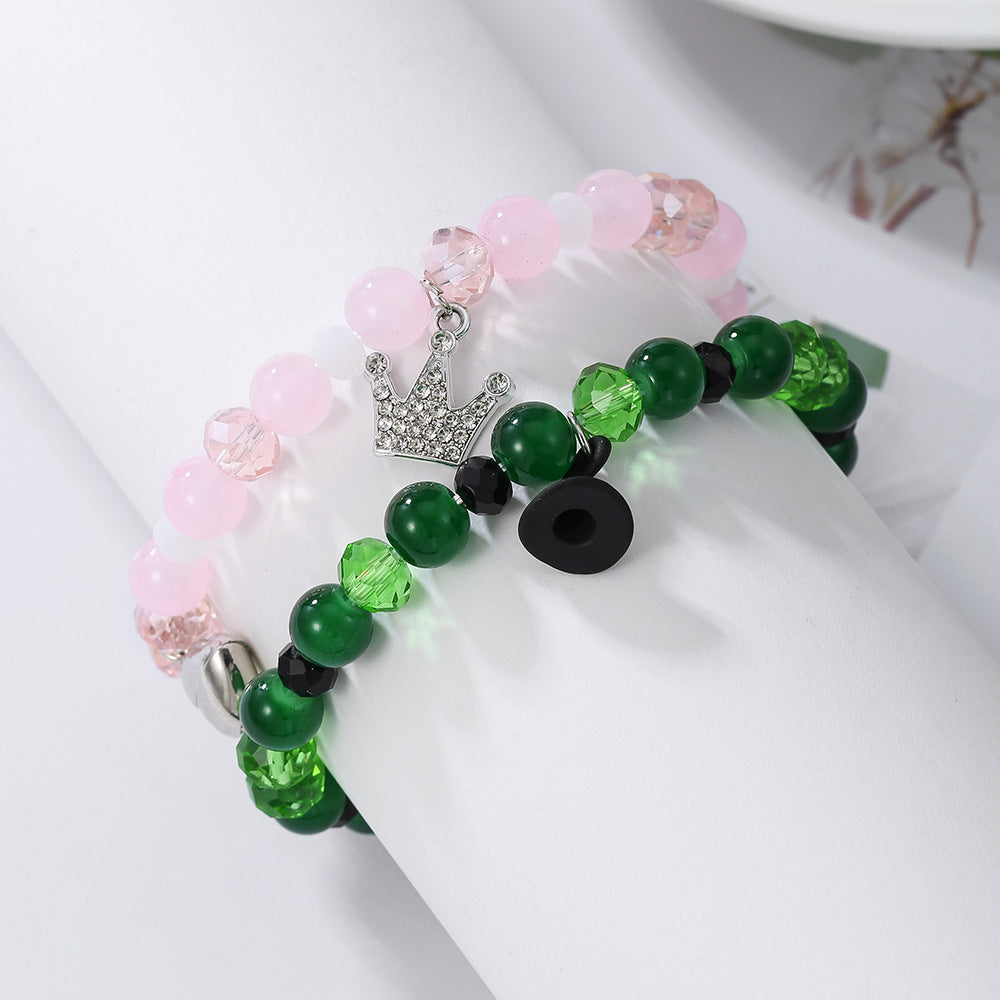 Geometric Heart Beaded Bracelet with Rhinestone Inlay and Magnetic Clasp for Unisex