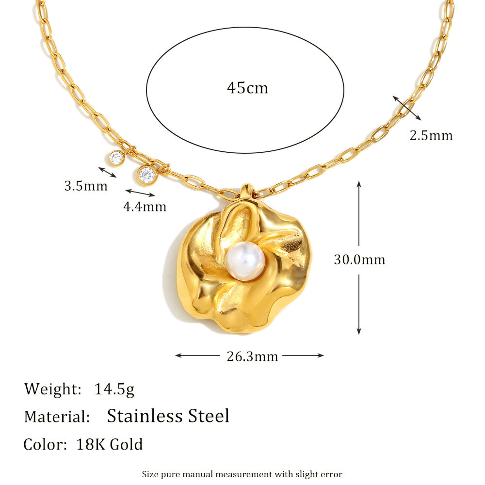 Vintage Chic Irregular Flower Pendant Necklace for Women in Stainless Steel with 18K Gold Plating and Pearl Accents