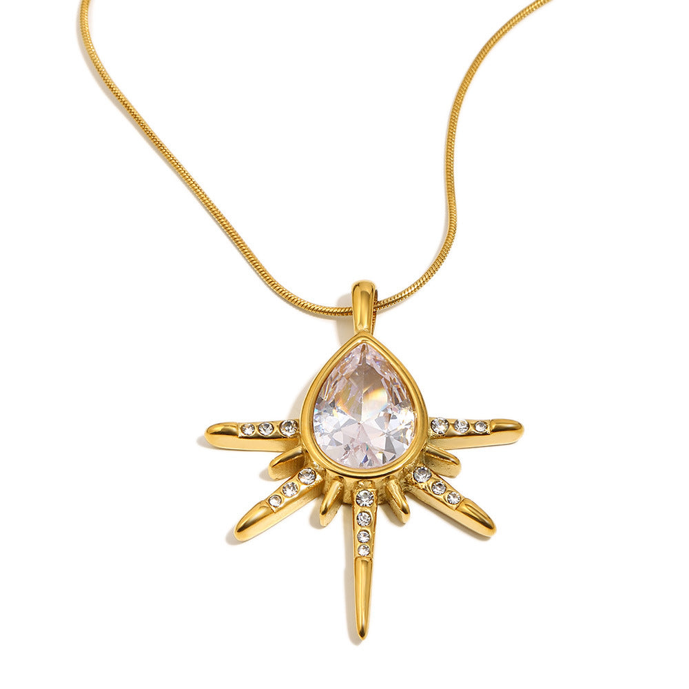 Luxury Elegant 18K Gold Plated Teardrop Star Stainless Steel Necklace with Cubic Zirconia for Women