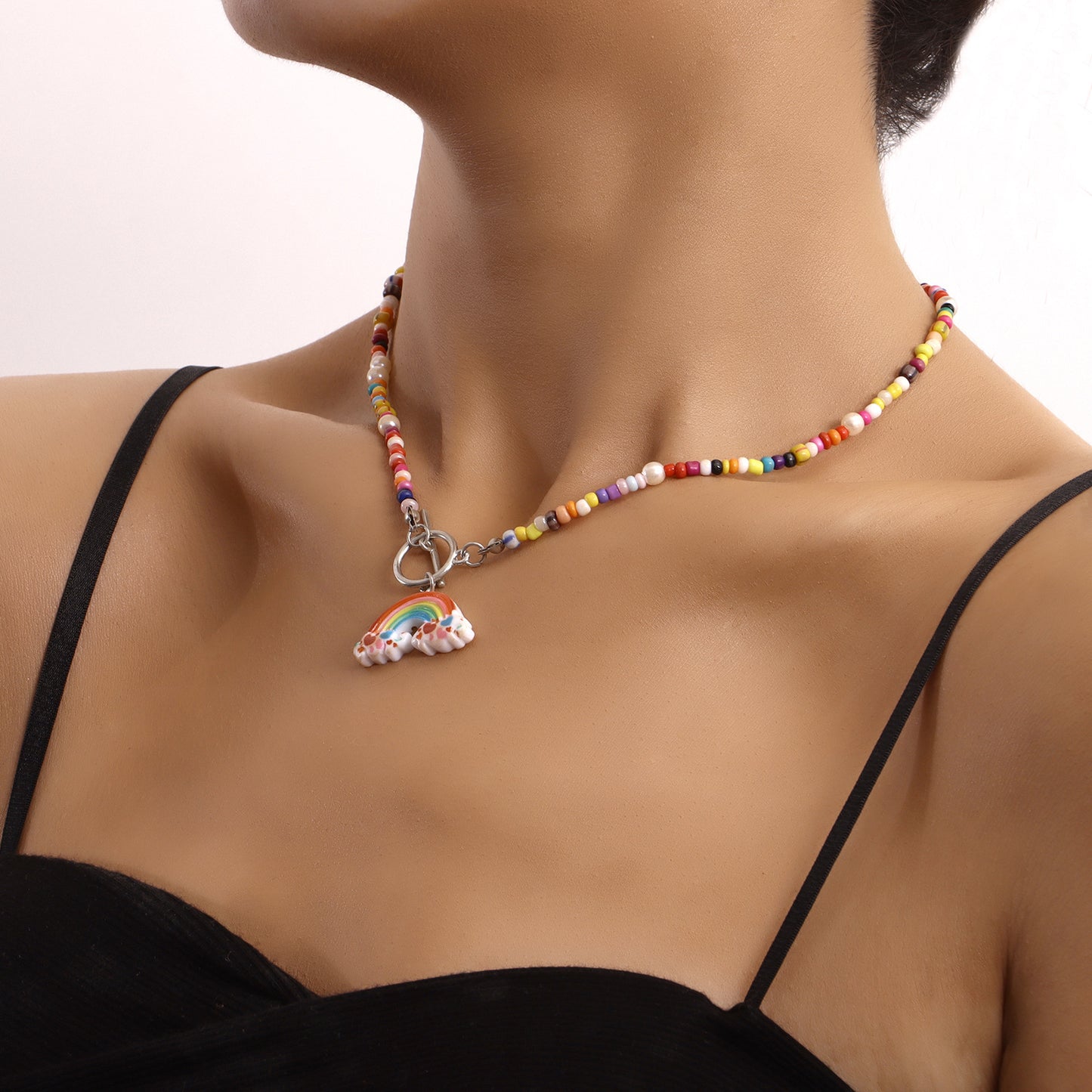 Bohemian Rainbow Beaded Geometric Pendant Necklace for Women with Gold-Plated Alloy and OT Clasp