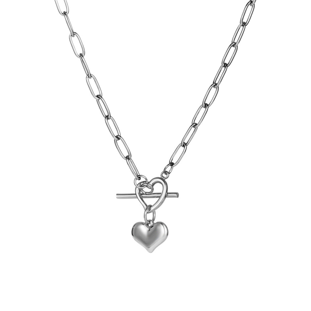Minimalist Three-Dimensional Heart Pendant Necklace in Titanium Steel with Plated Finish, Long Layered Sweater Chain with Bamboo Link Style