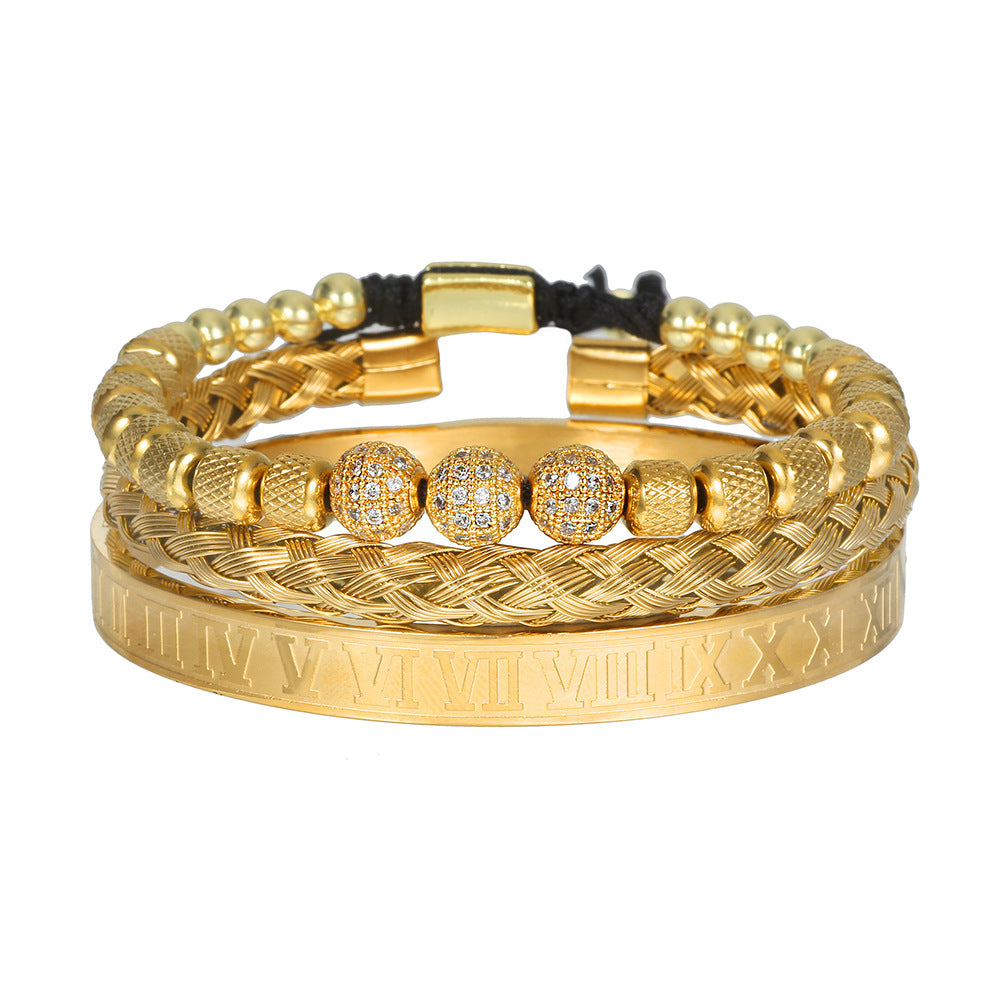 Geometric Round Stainless Steel Plated Bracelet Set with Cubic Zirconia Beads and Roman Numerals for Men and Women