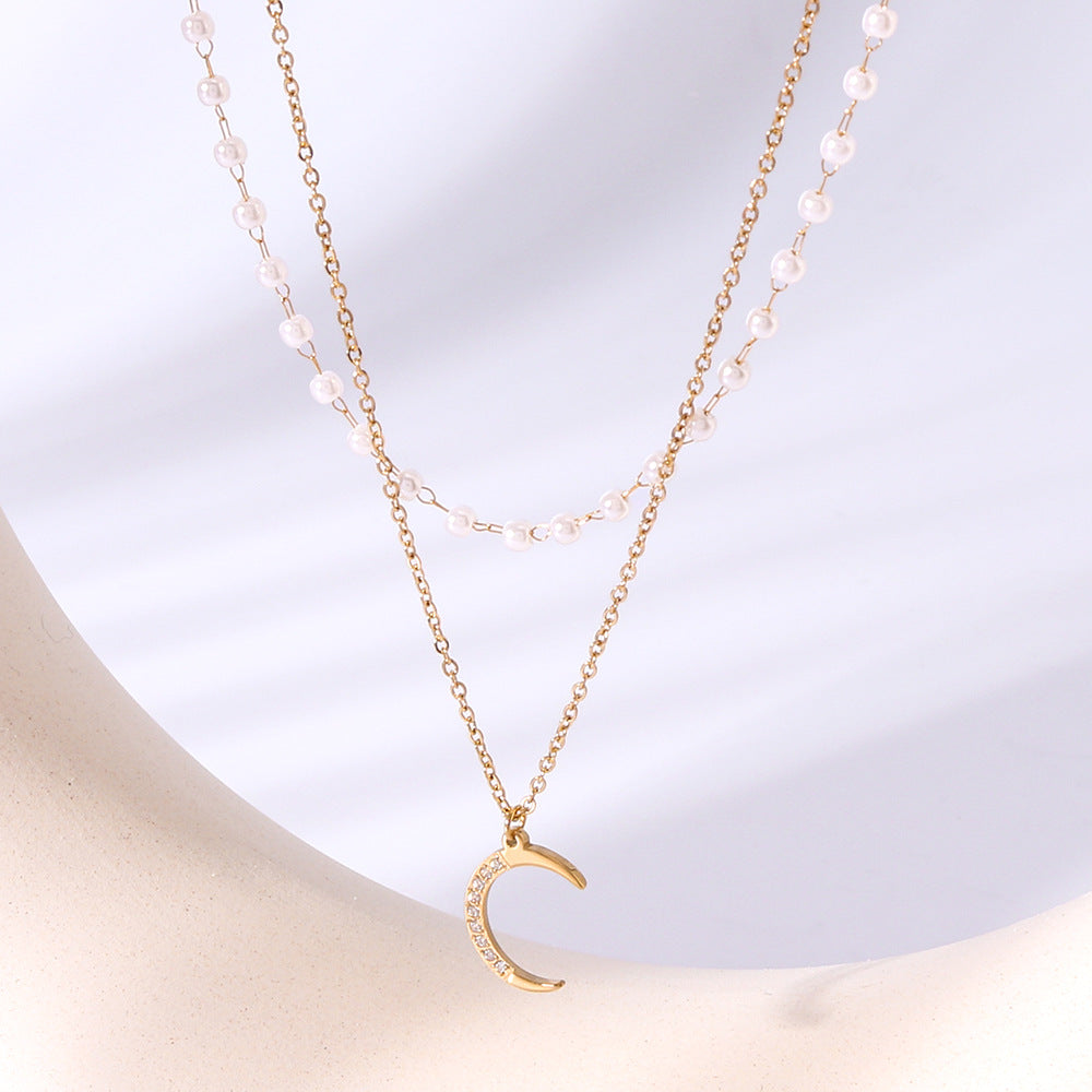 Minimalist Double-Layer O-Chain Pearl Moon Pendant Necklace for Women with Titanium Steel Pendant and 18K Vacuum Plated Finish