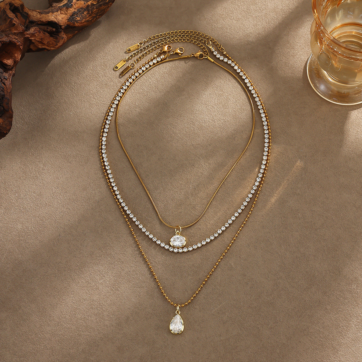 18K Gold Plated Stainless Steel Teardrop Cubic Zirconia Pendant Necklace for Women Layered Chain
