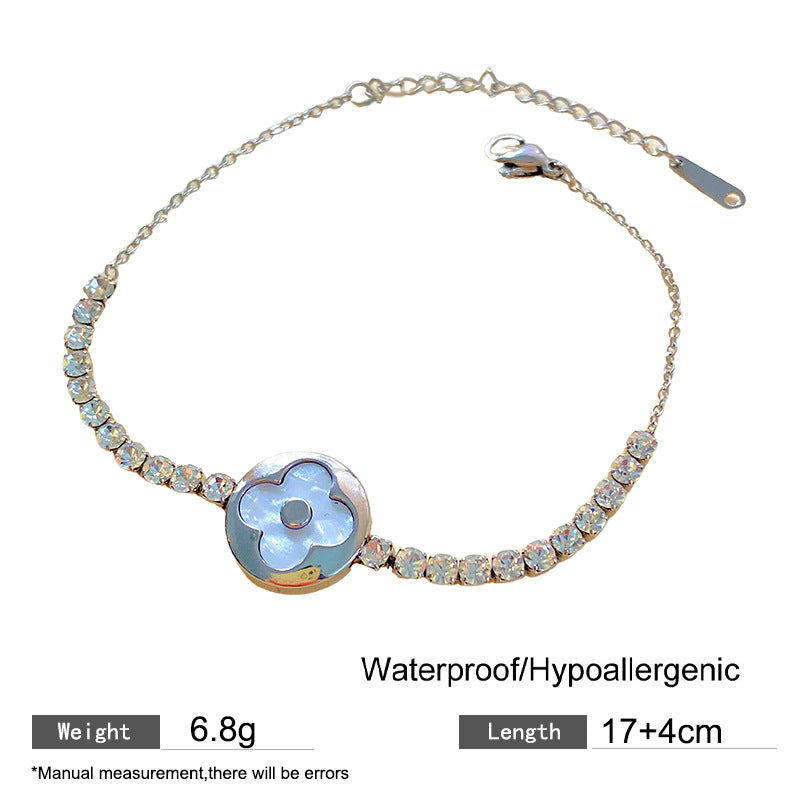 Minimalist Sweet Micro-inlaid Cubic Zirconia and Shell Flower Plated Titanium Steel Bracelet