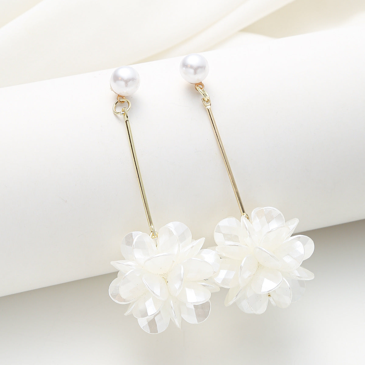 Minimalist Floral Pearl Stud Earrings with Long Tassel Dangle for Women Alloy Base with Electroplated Finish