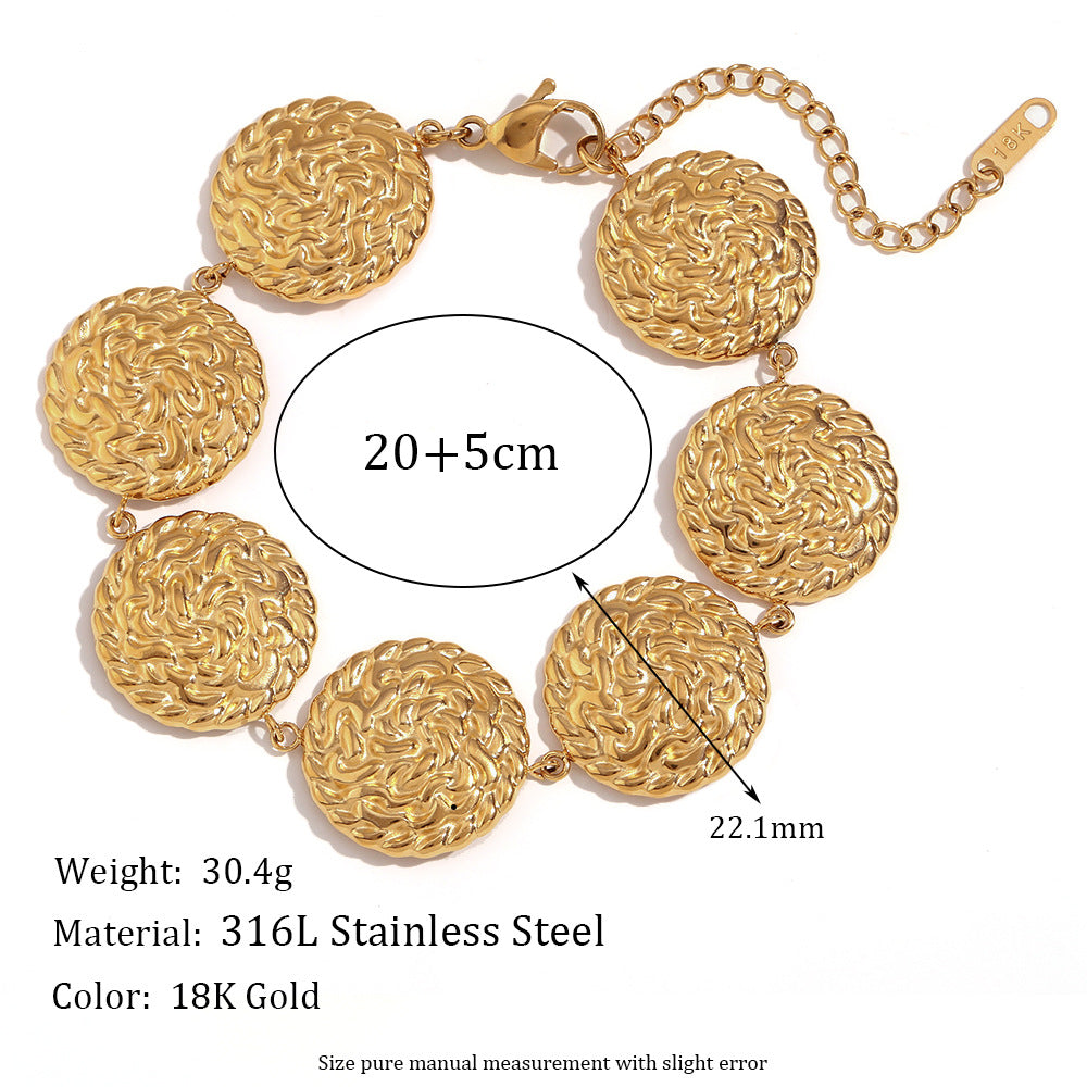 Pulsera Redonda de Acero Inoxidable con Textura Martillada Geométrica y Chapado en Oro de 18K para Mujer