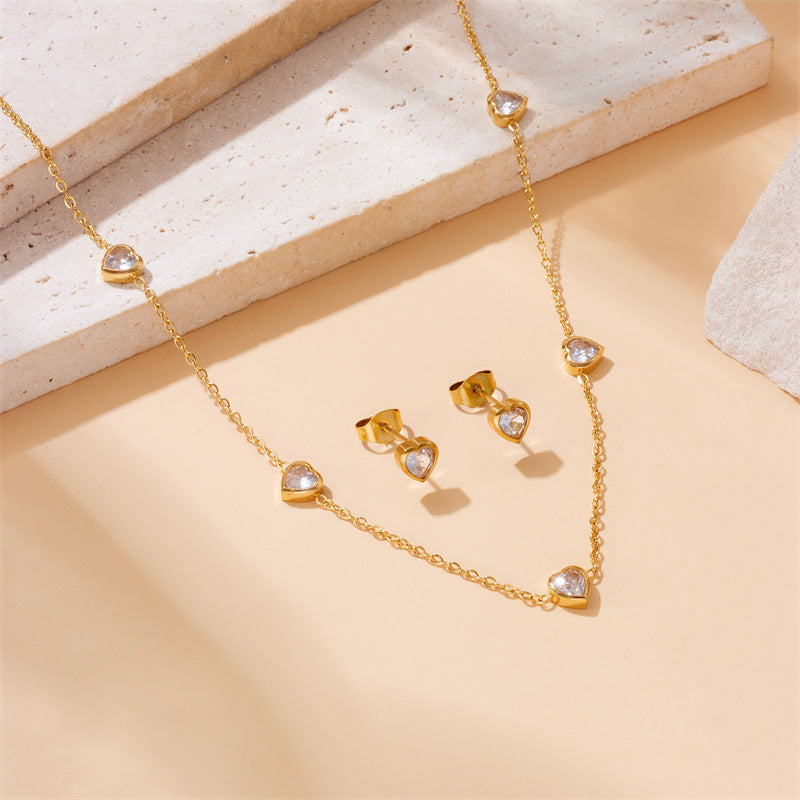 Transparent Heart Charm Stainless Steel Plated Bracelet Earrings Necklace Set for Women Fashion Office Commute Jewelry