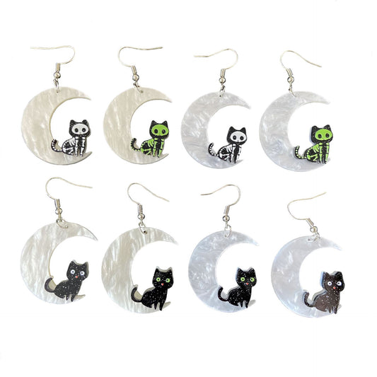 Pendientes acrílicos de gato lunar de Halloween bonitos con diseño impreso para mujer