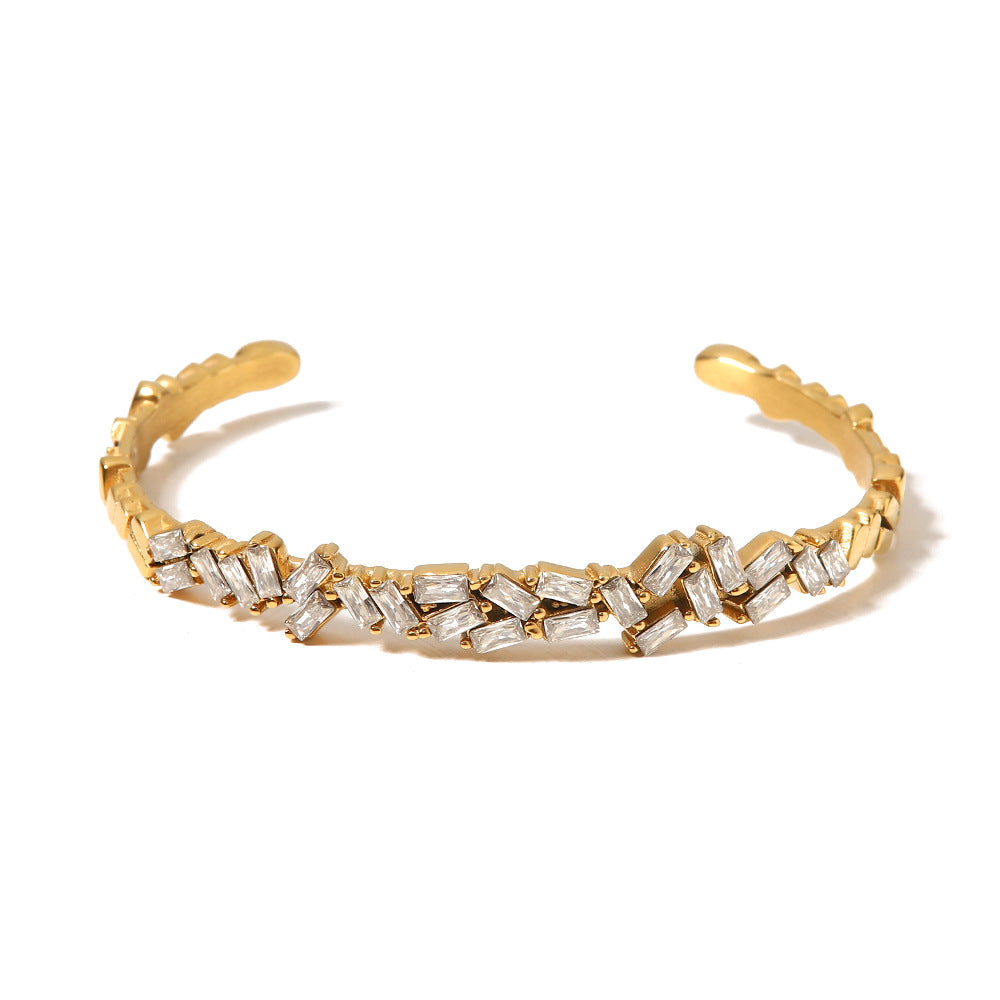 Minimalist Geometric Stainless Steel Plated Bracelet for Women with Zircon Inlay, Elegant and Fade-Resistant
