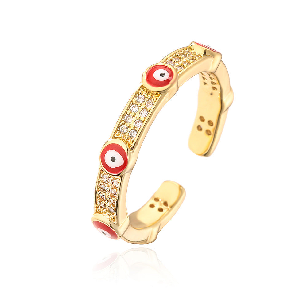 Anello Minimalista Geometrico Occhio di Allah da Donna in Rame Placcato Oro con Intarsio di Zirconi