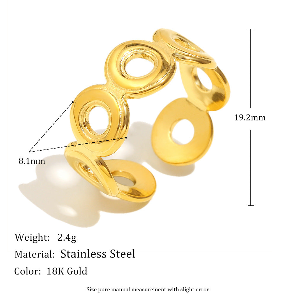 Fashionable Heart-Shaped Stainless Steel Ring with 18K Gold Plating, Hollow Star and Beaded Edge Design, Multi-Layer Zircon Accent, Office-Appropriate Minimalist Jewelry for Women