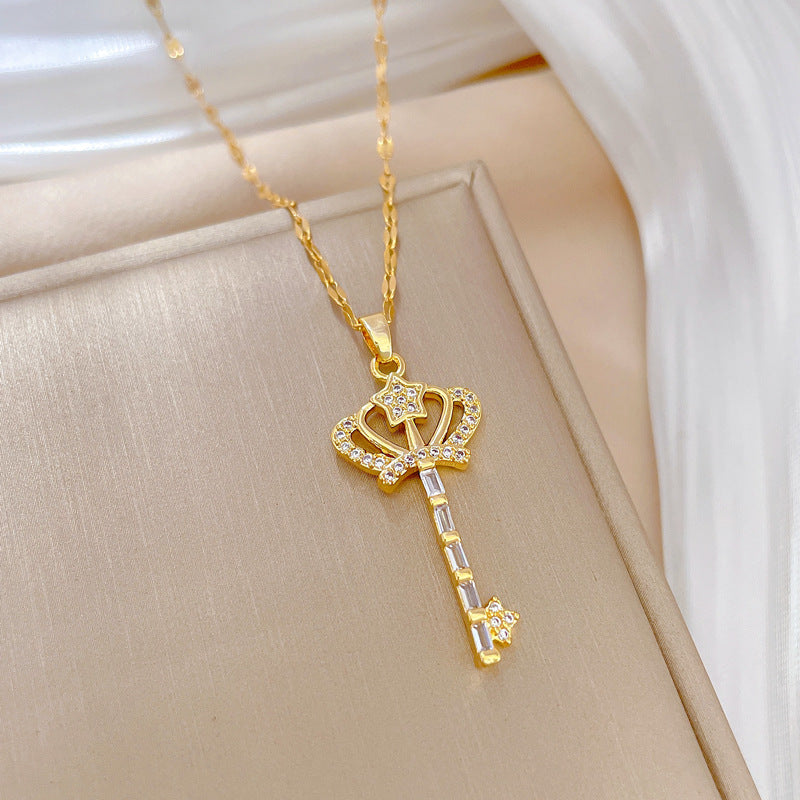 Luxury Titanium Steel Geometric Moon Pendant Necklace for Women - Lightweight Elegant Clavicle Chain for Wedding, Party, and Formal Occasions