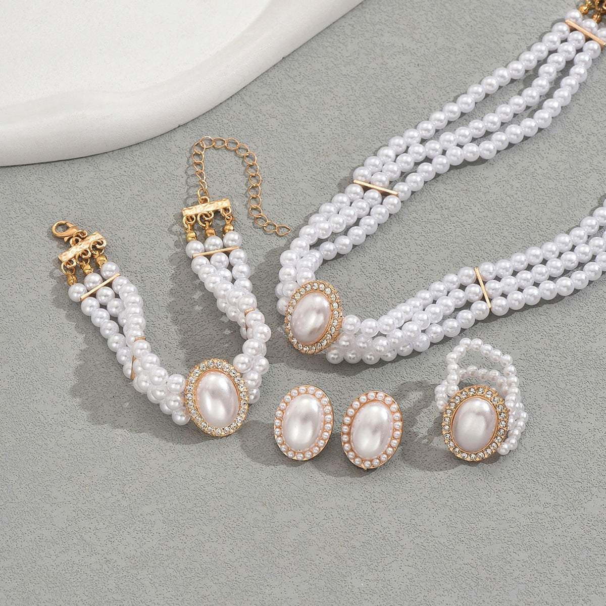 Geometric Style Alloy Necklace Earrings Bracelet Set with Rhinestone Inlay and Pearl Chain for Women