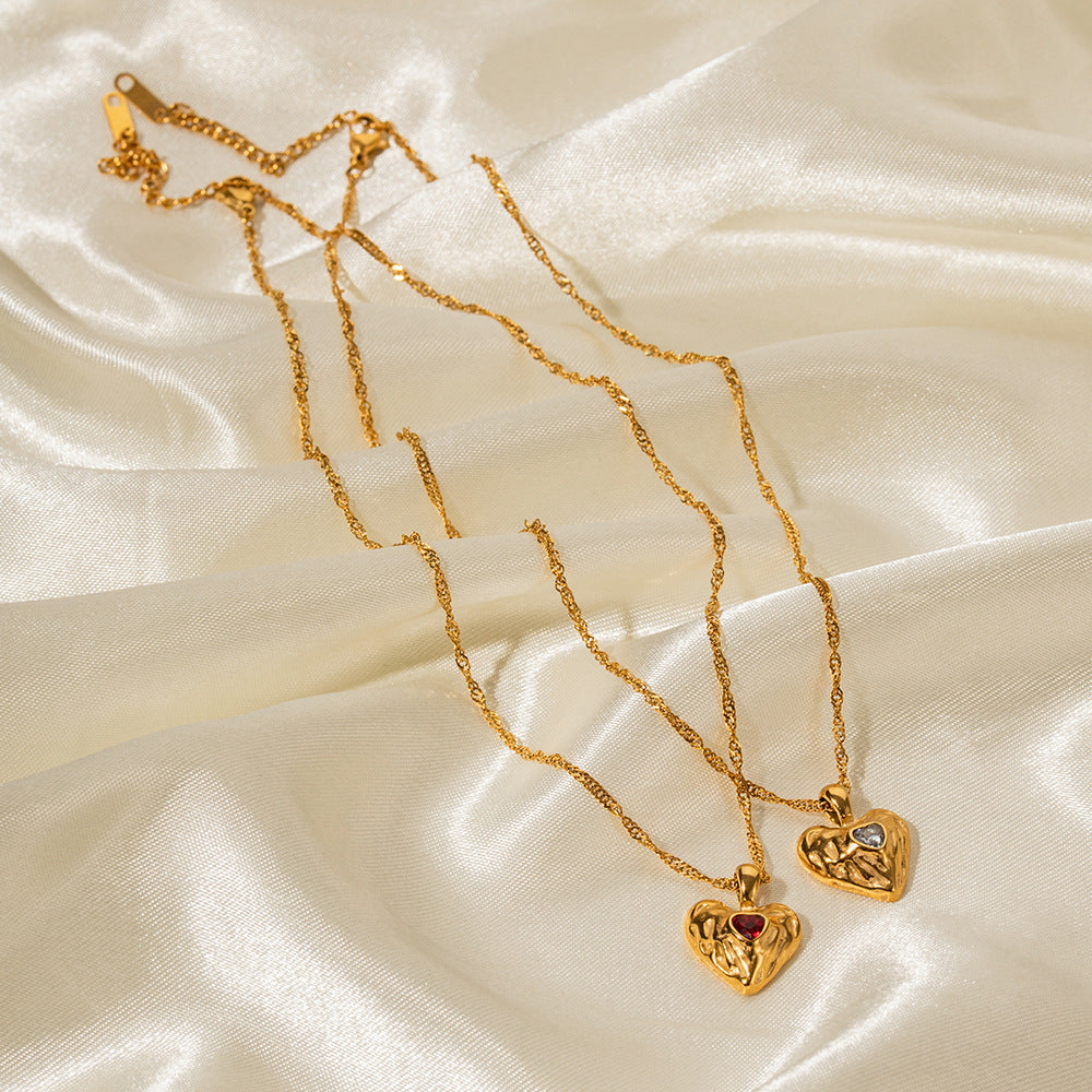 Minimalist Heart-Shaped Titanium Steel Pendant Necklace with 18K Gold Plating and Cubic Zirconia Inlay for Women