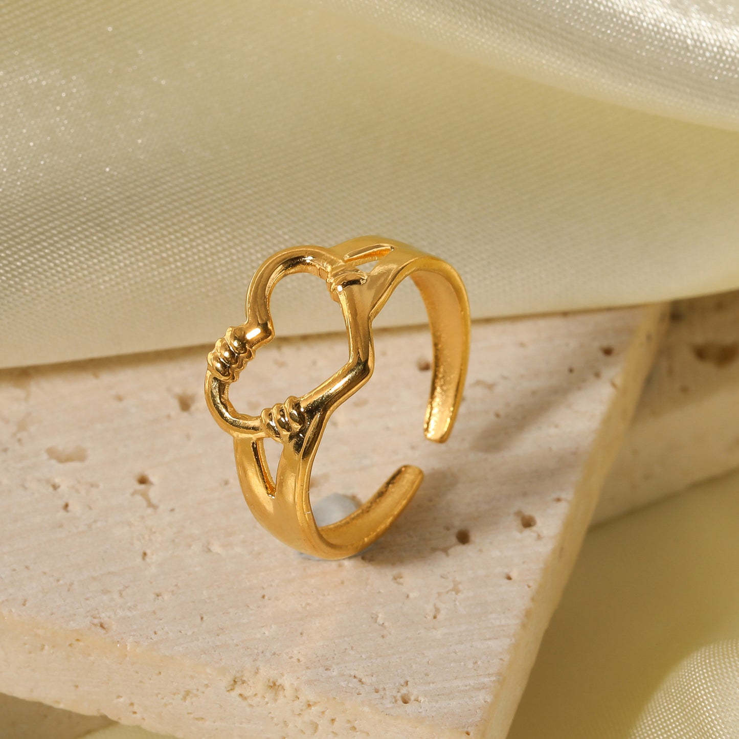 Minimalist Heart-Shaped Stainless Steel Adjustable Open Ring with Vacuum Gold Plating for Women