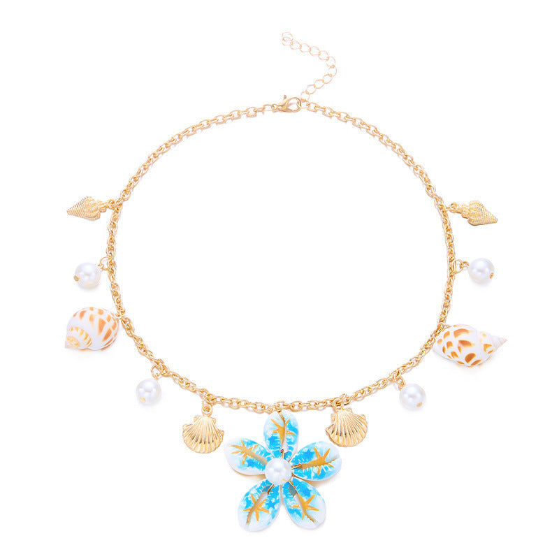 Casual Floral Starfish Shell Pearl Alloy Necklace for Women Beach Party