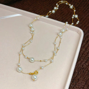 Elegante collar de perlas de cristal geométrico minimalista para mujer con acabado chapado
