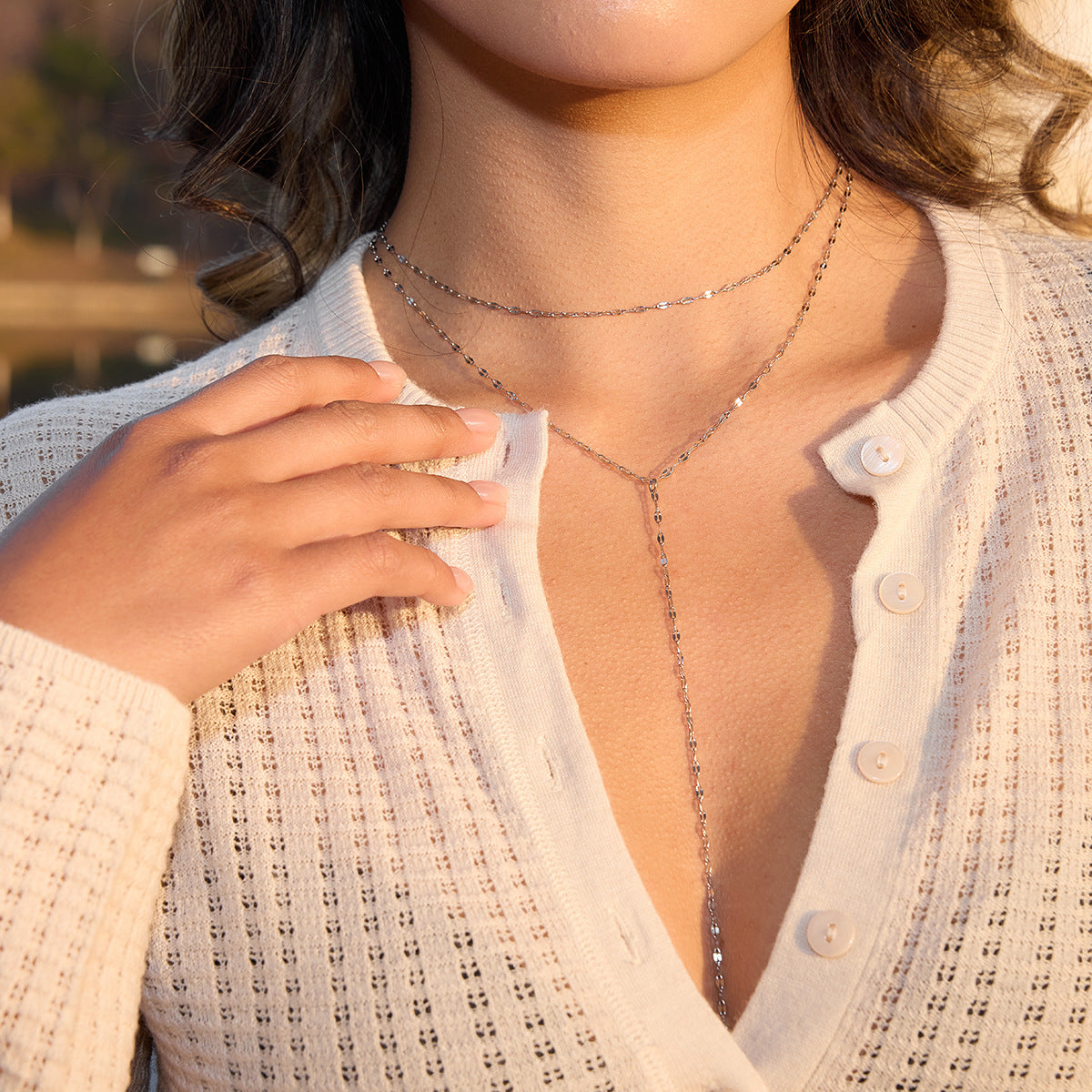 Minimalist Elegant Geometric Stainless Steel PVD Plated Double Layer Y-Chain Necklace for Women
