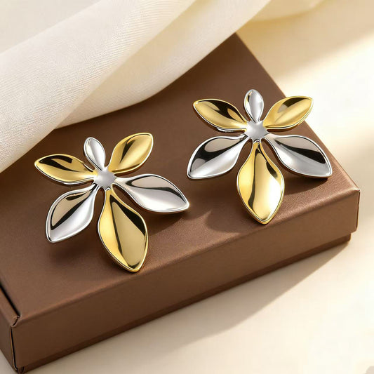Pendientes de botón florales de lujo de acero inoxidable chapados en oro para mujer