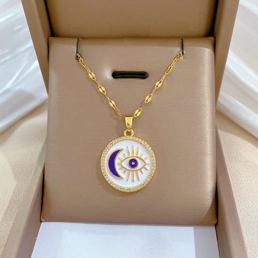 Minimalist Round Eye Pendant Necklace for Women in Titanium Steel with Plated Finish and Delicate Locket Chain