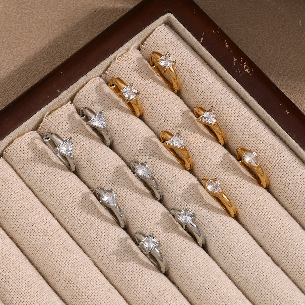 Minimalist Geometric Stainless Steel Earrings with 18K Gold Plating, Teardrop Triangle and Square Crystal Studs for Women