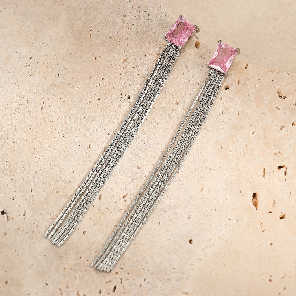 Minimalist Geometric Tassel Earrings with Zircon Inlay in Stainless Steel for Women