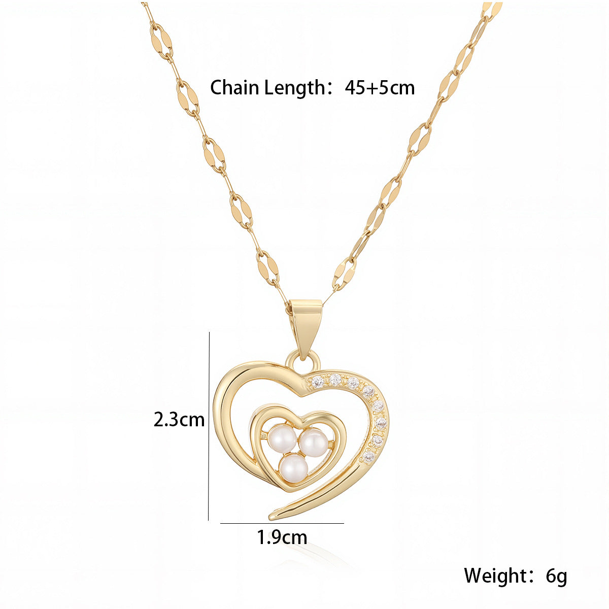 Elegant Minimalist 18K Gold Plated Brass Heart Necklace with Cubic Zirconia and Pearl Pendant for Women