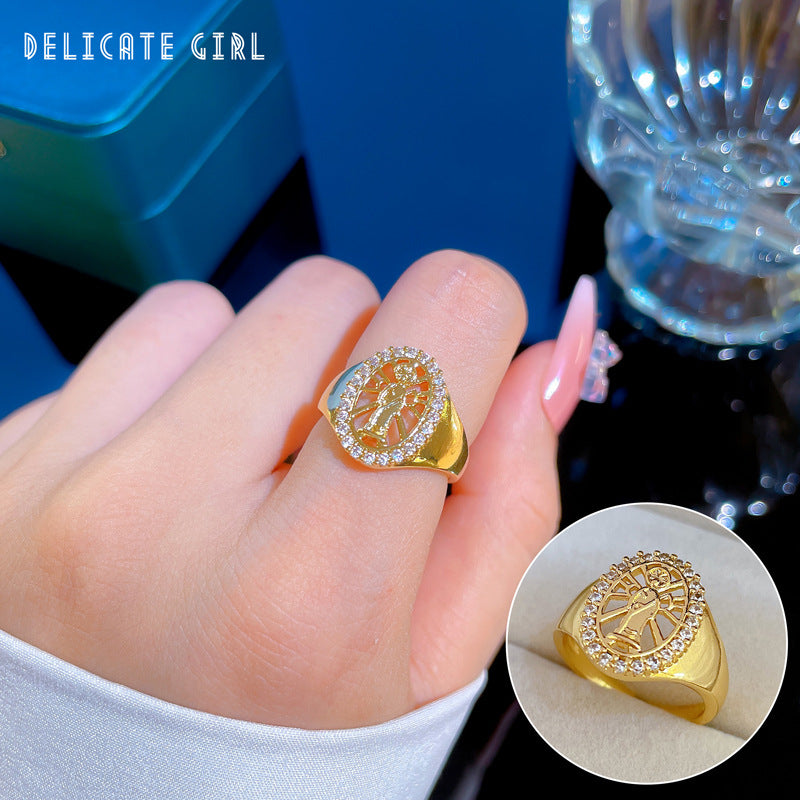 Luxury Minimalist Plated Brass Crown Rhinestone Adjustable Ring for Women