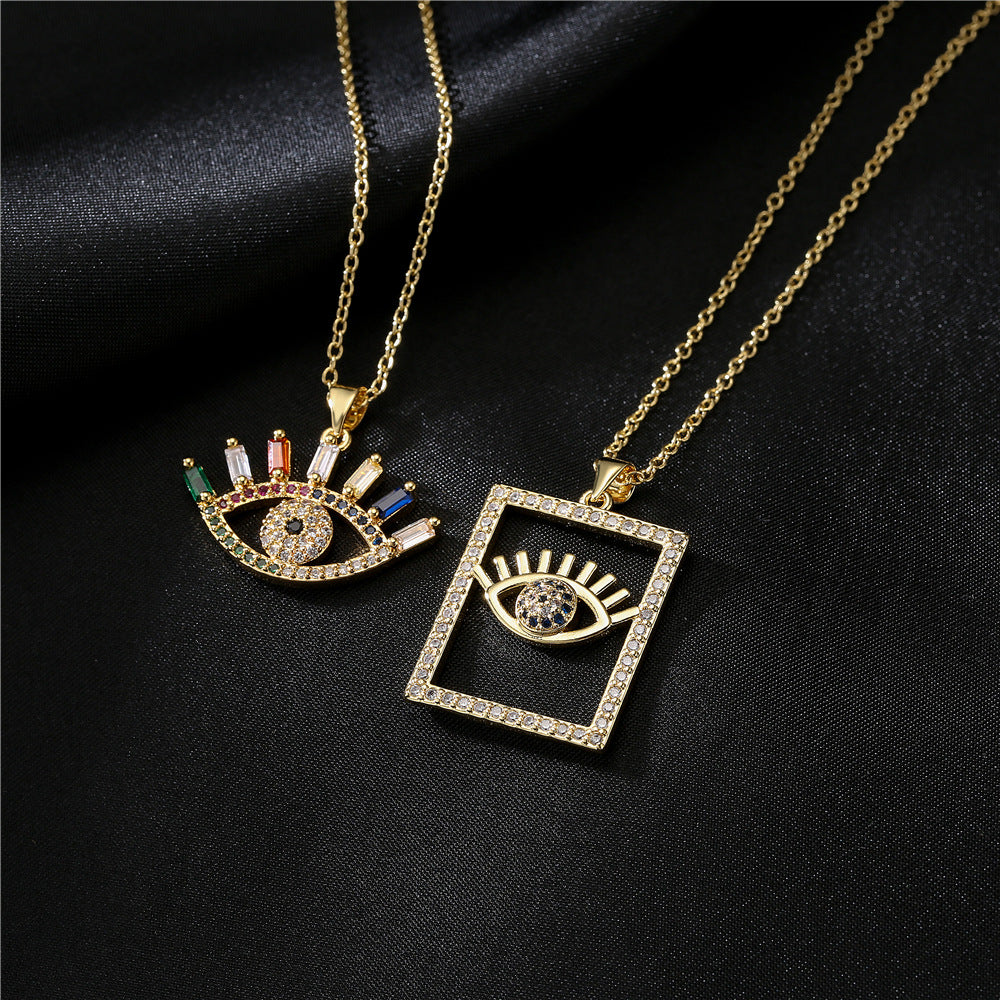 Gold Geometric Inlaid Cubic Zirconia Brass Necklace with Cable Chain for Women