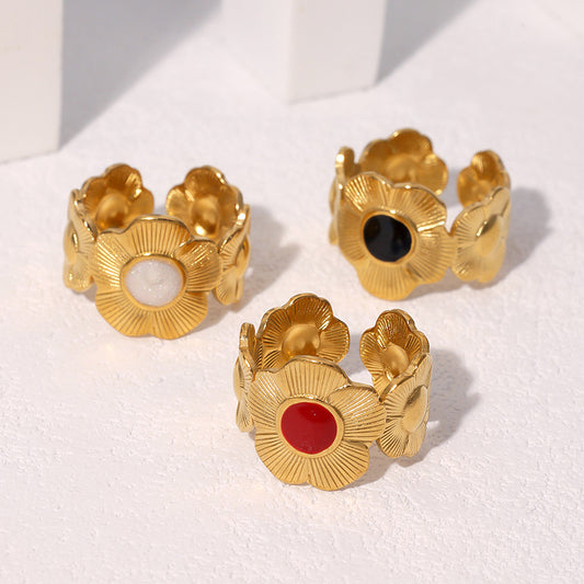 Anello aperto regolabile da donna a forma di fiore di crisantemo, in acciaio inossidabile placcato oro 18 carati, stile minimalista