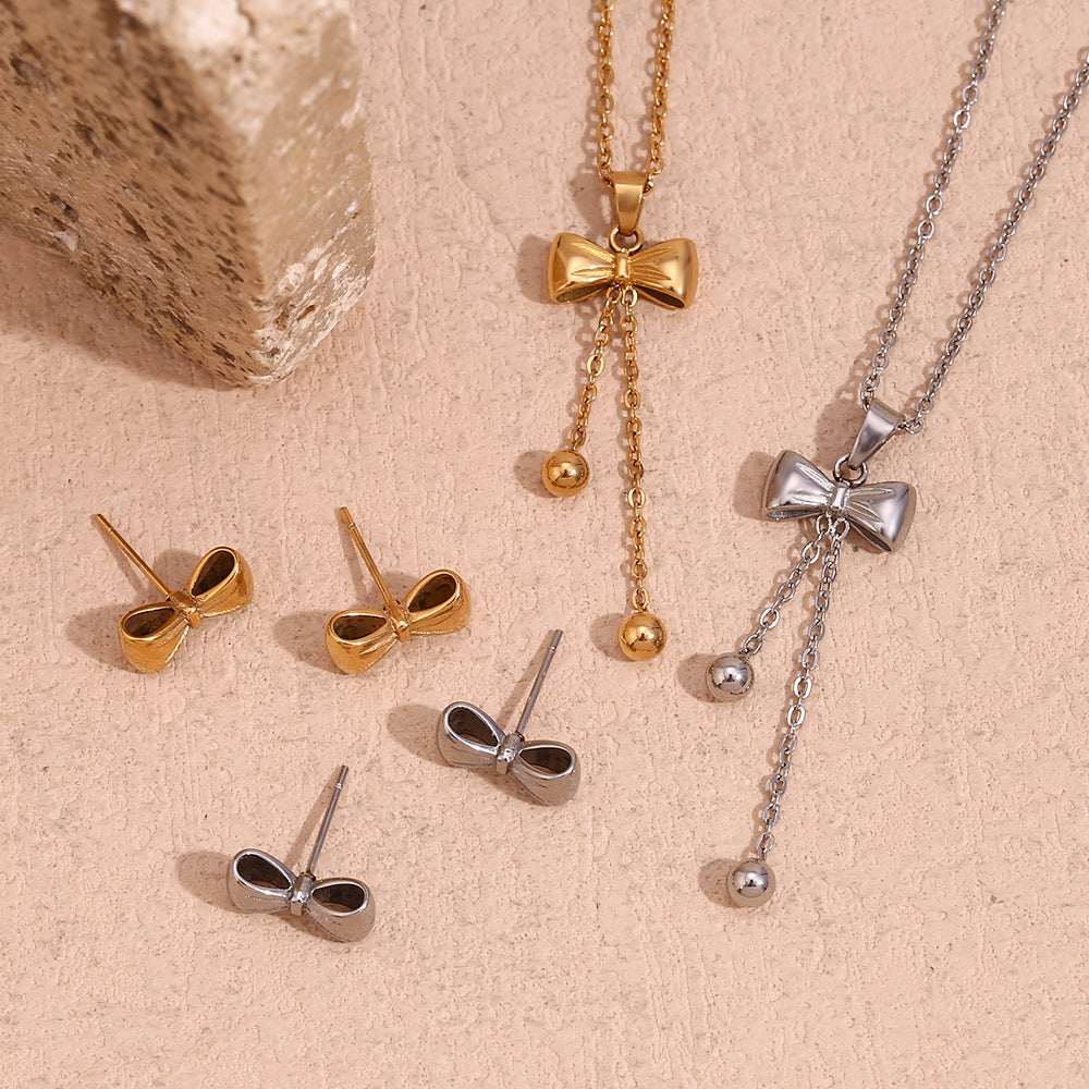 Minimalist Fashion Bow Knot Stainless Steel Necklace for Women with 18K Gold Plating