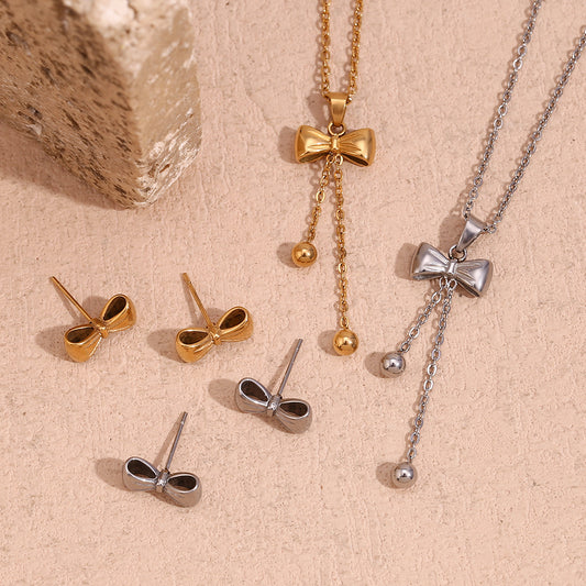 Minimalist Fashion Bow Knot Stainless Steel Necklace for Women with 18K Gold Plating
