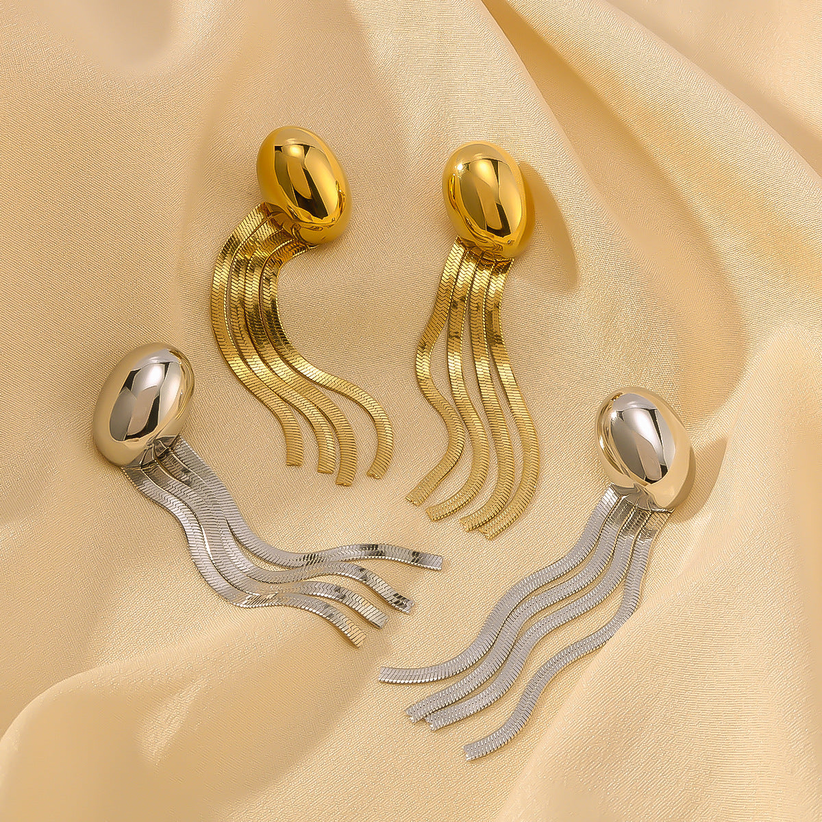 Minimalist Jellyfish-Shaped Tassel Earrings in Stainless Steel with 18K Gold Plating for Women