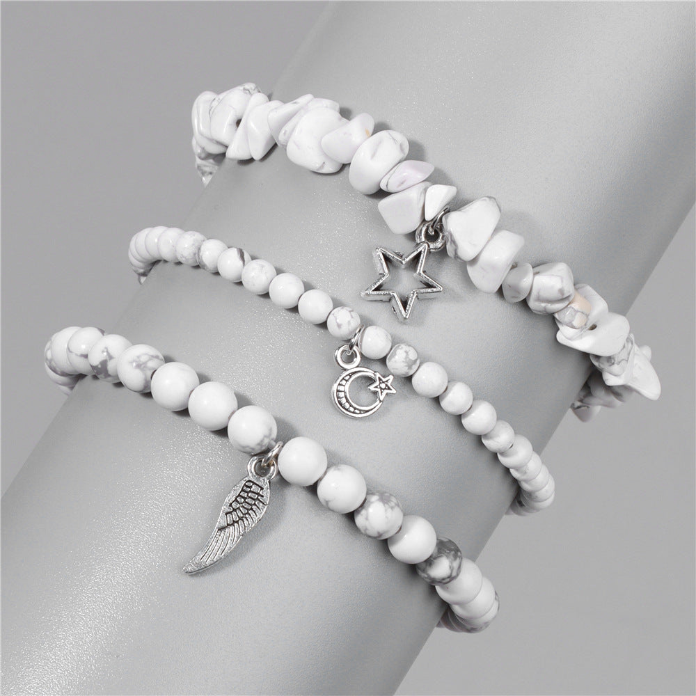 Vintage Amethyst Crystal Chip Beads Bracelet with Star Moon Pendant Geometric Irregular Stone Elastic Multi-Layer Bracelet for Women