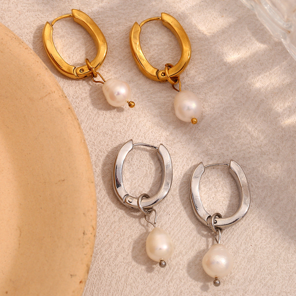 Minimalist Geometric Stainless Steel Ear Hooks with 18K Gold Plating and Irregular U-Shaped Pearl Accents for Women