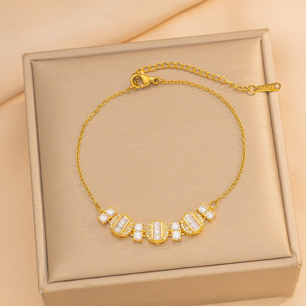 Minimalist Luxe Geometric Zirconia Bracelet for Women in Titanium Steel with Rhinestone Inlay and Polished Finish