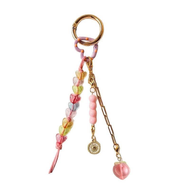 Llavero Colgante de Bolso con Charm DIY con Patrón Geométrico de Corazón y Fruta, Chapado en Oro de 18K, Estilo Minimalista