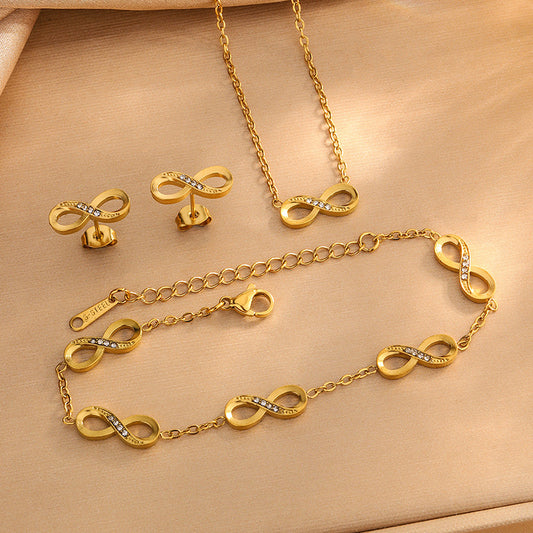 Luxury Stainless Steel Infinity Symbol Necklace Set with Cubic Zirconia for Women